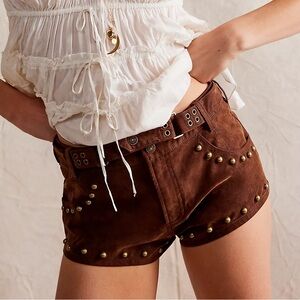 Free People Brown Studded Suede-Look High-Rise Shorts